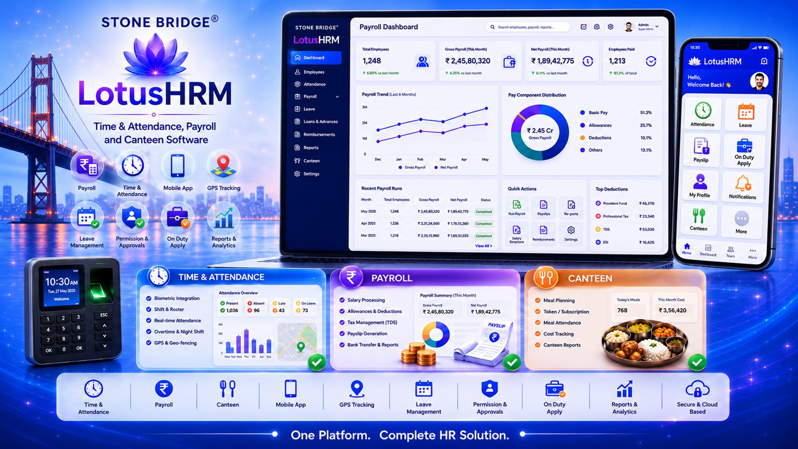 STONE BRIDGE LotusHRM dashboard, mobile app and biometric attendance hero image